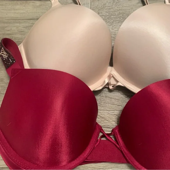 Victoria Secret 2 Satin Bombshell Plunge Bras Rhinestone Logo Strap - Picture 13 of 15